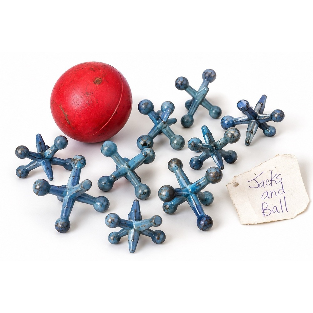 Vintage Metal Jacks & Red Rubber Ball Classic Jacks Game Retro Toy Set